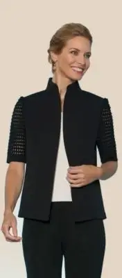 Ming Wang Black Stand Collar Sheer Short Sleeve Cotton Blend Jacket M