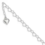 Sterling Silver Polished Puffed Heart 9 in 9" Anklet with 1" Extension