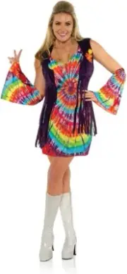 Underwraps Revolution Adult Women 60s Hippie Tie Dye Fringe Costume Dress Set S