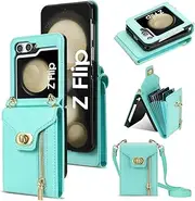 Wallet Case for Samsung Galaxy Z Flip 5, Matte Leather Wallet Phone Case with Zipper Detachable Shoulder Strap Buckle Design - Green