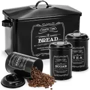 yarlung Metal Bread Box with 3 Kitchen Canisters Set, Large Black Farmhouse B...