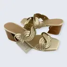 Joie Society Vegan Gold Double Strap 2.5" Stacked Block Heel Slide Sandal 7 NWT