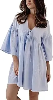 [Generic] Women's Babydoll Mini Dress with Bow Tie Y2K Puff Sleeve Cute Mini Dress Summer Ruffle Pleated A Line Dresses