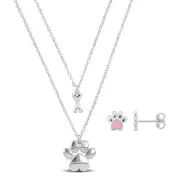 Amour Silver White Paw Stud Earring, Strand Paw & Bone Charm Necklace Set