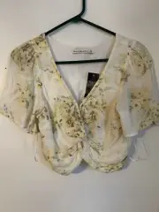 NWT Abercrombie And Fitch XS Shirt Yellow Floral Blouse Knot Tie Front Crop