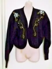 SIZE S /SIZE M WOMEN S BLACK BEADED EMBROIDERED LAMBSWOOL ANGORA BOLERO CARDIGAN