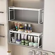 1pcs Medicine Cabinet Organizer Stretchable Storage Box For Bathroom Stackable Mirror Cabinets Vanity Small Narrow Shelf Slim Trays Holder (White, Normal)
