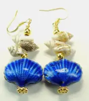 Blue Cloisonne Shell Sea Shells Dangle Drop Earrings Beach Ocean Handmade