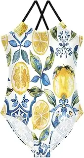 [RPLIFE] Sicilian Style Lemons Blue Flowers Girl Bathing Suit with Adjustable Shoulder Strap, Beach Apparel, 3-10