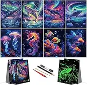 DESINIK Scratch Art for Adults –Glow in The Dark Scratch Rainbow Art Paper, Creative Rainbow Scratch Painting Kit, Stress Relief for Scratch Art Home/Office Décor (Whale&Jellyfish)