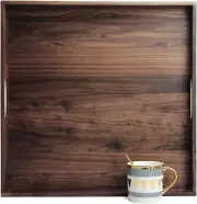 19 X 19 Inches Large Square Black Walnut Wood Ottoman Tray with Handles, Serve T
