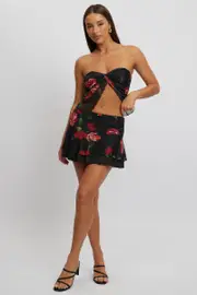 Black Floral Mini Skirt Elasticated Waist Skater Layered Mesh - Size 16XL, Women's Mini Skirt