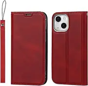 for iPhone 13 Mini Case (5.4"),Cavor Folio Flip Leather Wallet Phone Case Stand Card Holder Magnetic Closure Clear TPU Bumper Slim Thin Cover Case with Wristlet Strap- Red