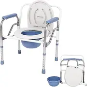 Folding Commode/Shower Chair, Bariatric Toilet Chair, Wide, Height Adjustable, Over Toilet or Bedside Commode, Raised Toilet Seat with Armrests, Max. Load 150kg