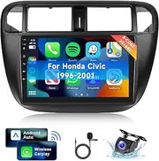 [8 CORE 2G+64G] Car Radio for Honda Civic 1996-2001 with Wireless Carplay Android Auto, 9 Inch Android 13 IPS Touch Screen Car Stereo, Bluetooth, GPS Navi, WiFi, SWC, DSP + Backup Camera