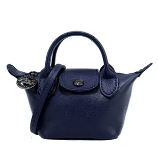 LONGCHAMP LE MINI PLIAGE CUIR系列小羊皮短把斜背水餃包(超迷你/海軍藍)