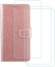 FZYM Case for Asus ZenFone 9 (5.92") + 3 Pack Screen Protector Film Tempered Glass, Magnetic PU Wallet Flip Protective Cover with Card Slots Case, Rose Gold Leather Case