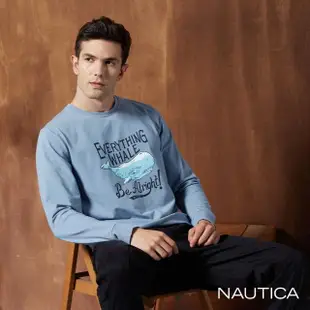 【NAUTICA】男裝 個性鯨魚印花長袖T恤(藍)