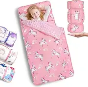 Primlect Toddler Nap Mat with Pillow and Blanket, Extra Large 55''x35'' Sleeping Bag, Washable, Light, Easy to Roll up, Perfect for Daycare, Preschool, Kindergarten, Travel, Boys and Girls (Unicorn)