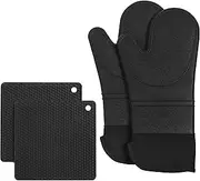 Silicone Oven Mitts and Trivet Mats, Extra Long Heat Resistant Gloves with Soft Terry Liner, Extra Thick and Kitchen Counter Safe Trivet Mats, 4 Piece Set