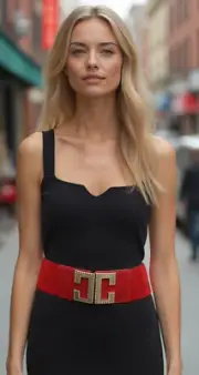 Women Red Elastic Statement Stylish Fashion Belt Gold Metal C Buckle Size S M