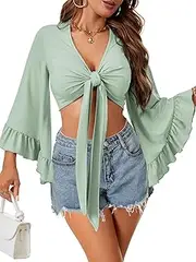 [LYANER] Women's V Neck Tie Knot Front Flounce 3/4 Sleeve Wrap Sexy Crop Top Blouse
