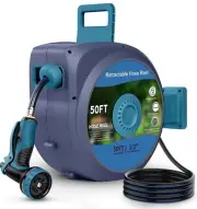 Retractable Garden Hose Reel, wall-mounted with 10 Function Nozzle 1/2 in x 50ft