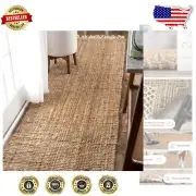Natural Jute Runner Rug with Tasseled Ends - 2'6" x 10' for Farmhouse Style