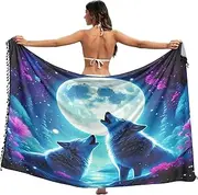 [RPLIFE] Wolves Howling Moon Blue Women Swimsuit Sarong, Tassel Sarong, Honeymoon Sarong, Summer Beach Sarong