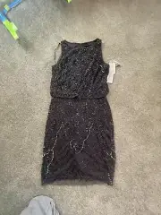 Aidan Mattox Sleeveless Beaded Popover Cocktail Dress, Dark Grey, 2