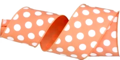 Peach White Polka Dots 2.5" x 2 yard Wired Ribbon Spring Summer Beach Party