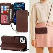 [Cavor] for iPhone 13/ iPhone 14 Case Crossbody Wallet Flip Folio Magnetic Kickstand Cover Cowhide Pattern PU Leather Purse Card Slots Holder Detachable Shoulder Necklace Strap-Long Lanyard Brown