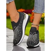 Women's Rhinestone Flyknit Slip-On Sneakers – Sparkling Wedge Shoes for Festivals, Travel and Daily Fashion