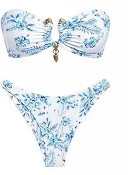 [seamoly] Ruched U-Ring Metal Tied Back Bandeau Top & Brazilian Bottom Bikini Set