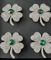 ST PATRICKS PATTYS DAY Rhinestone Shamrock Clover Napkin Rings Holders Set Of 4