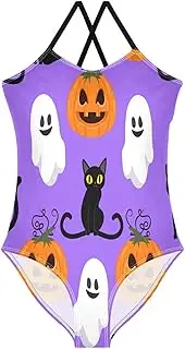 [RPLIFE] Whimsical Halloween Purple Girls 1 Piece Swimsuit, Beach Bathing Suit 3-10 Y with Adjustable Shoulder Strap, 3-10 Y