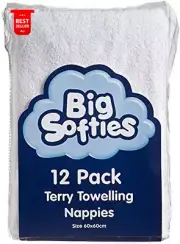 Big Softies Towelling Cotton Nappies 12-Pack Reusable Baby Cloth Diapers White