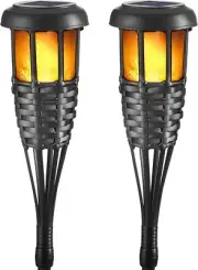 Flickering Flames Torch Solar Lights Handmade Bamboo Outside Flame Lighting W...