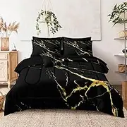 Merryword 8 Pcs Bed in a Bag Black Marble Comforter Set California King Size Gold Metallic Bedding Set Black Gold Abstract Texture Bedding Comforter Set
