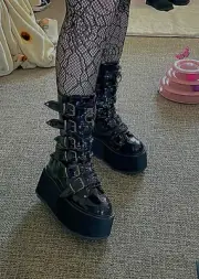 NEW Demonia Black Patent Leather Platform Hologram Boots Spikes Buckles Goth 9