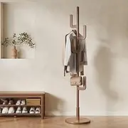 KASLANDI Wood Coat Rack Stand, Freestanding Coat Tree with 6 Hooks, Hallway Entryway Hat Hanger Organizer Standing for Bedroom, Office, Clothes, Jackets, Purses, Bags, Umbrallas, Cactus Shape, Walnut