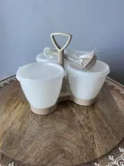 Vintage Tupperware 757 Condiment Serving Caddy Tan W/ 3 Cups Lids Spoons