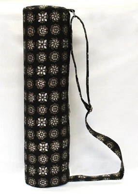 Gold And Silver Floral Hand Block Print Yoga Mat Carrier Bag With Shoulder Strap