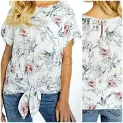 Buffalo David Bitton Women's 2XL Tie Front Top Blouse White Flower