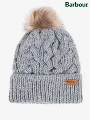 Barbour® Grey Penshaw Cable Knit Faux Fur Pom Beanie Logo Hat (225076) | $73