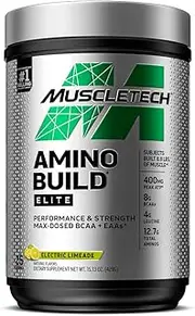BCAAs Amino Acids Supplement, MuscleTech Amino Build Elite BCAA Powder, Intra Workout Essential Amino Acids EAA Powder, Strength and Pump Supplement, Electric Limeade (25 Servings)