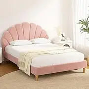 Artiss Bed Frame Double Scallop-Shape BedHead Beds Base Pink Velvet Fabric Rosy