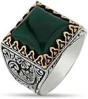 [LRGKMCWTOB] Men's Retro Domineer Carved Emeralds Inlaid Ring Natural Emerald Cocktail Ring 925 Sterling Silver Cut Square Emerald Wedding Ring