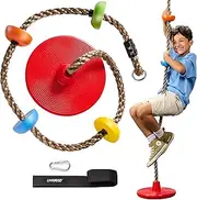 Climbing Rope Tree Swing with Platforms and Disc Swings Seat - Playground Swingset Outdoor Accessories for Kids - Trees House Tire Flying Saucer Swing Outside Toys - Bonus Carabiner and 120 Centimeters Strap