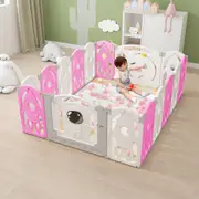 Advwin Foldable Baby PlayPen with 16 Toddlers Activity Panel Baby Activity Safety Centre for Indoor Outdoor Pink
